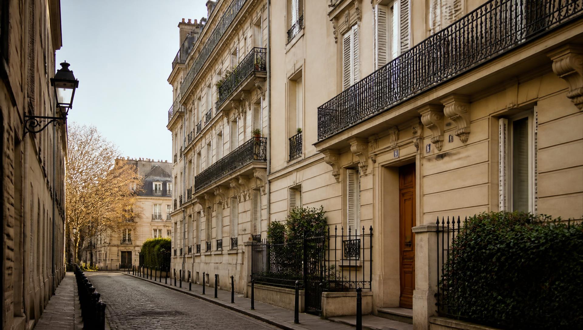 Rue résidentielle de l’ouest parisien bordée d’immeubles en pierre de taille