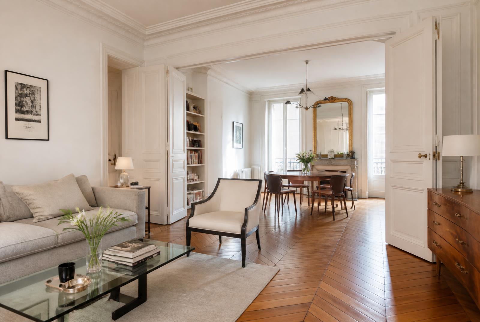 Séjour lumineux d’un appartement ancien avec parquet et moulures